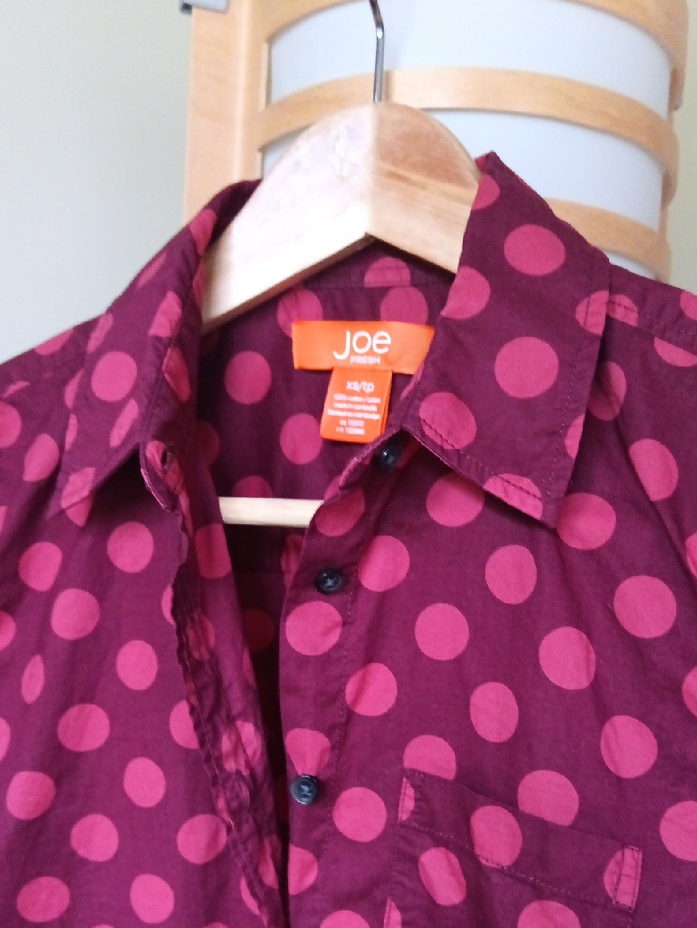P17" L24" Cotton Burgundy Long sleeve Button Shirt with Pink Polka Dots